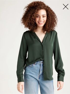 Silk Dark Green Button-Front Shirt